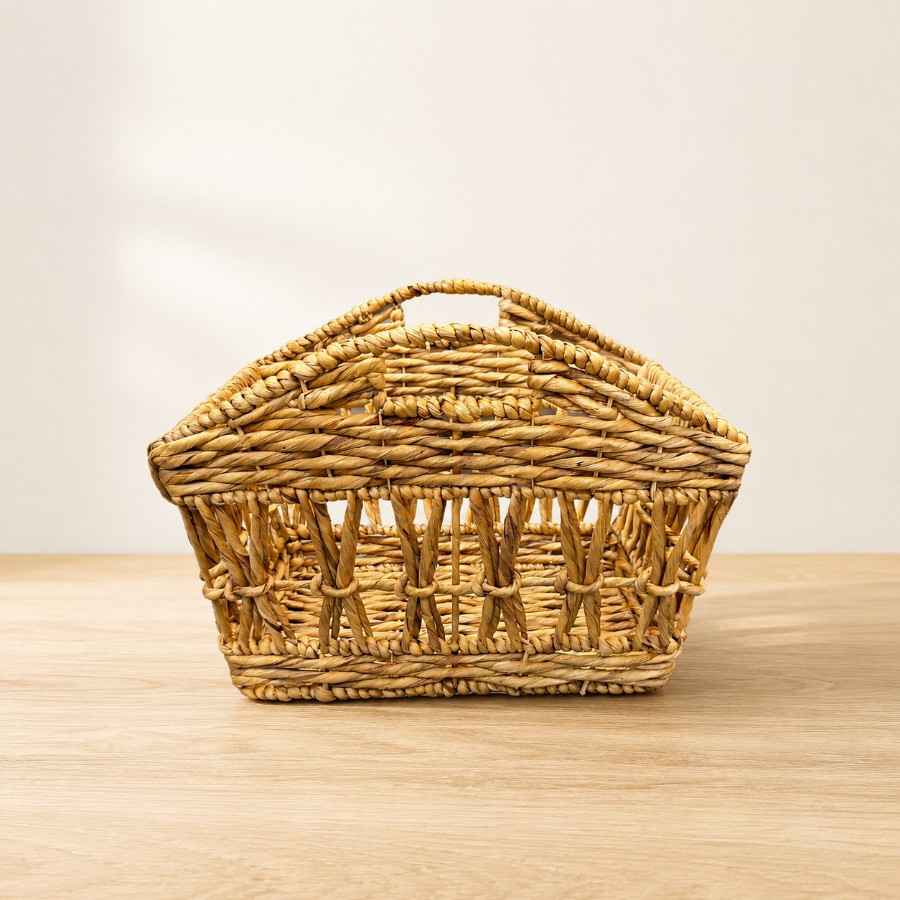 Open Weave Water Hyacinth Storage Basket with Cut-Out Handles