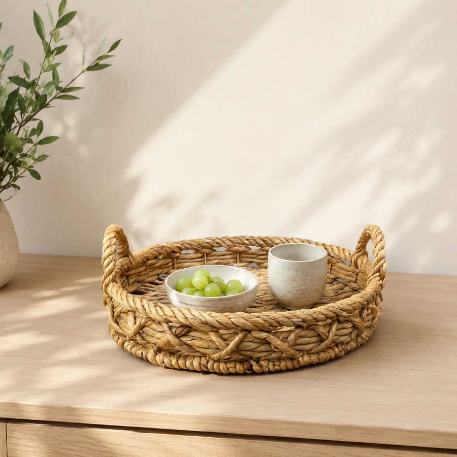 Round Water Hyacinth Tray with Handles