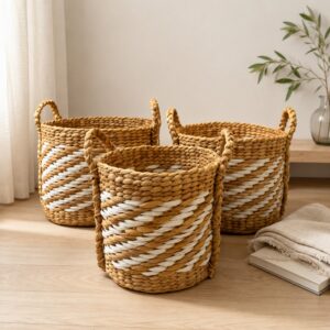 Set of 3 Round Water Hyacinth Basket with Handles-05 Round Water Hyacinth Basket with Handles