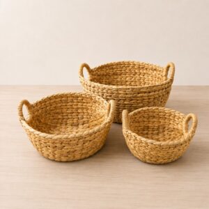 Set of 3 Round wicker storage basket with handles-01 Round wicker storage basket with handles