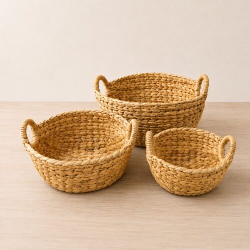 Set of 3 Round wicker storage basket with handles-01 Round wicker storage basket with handles