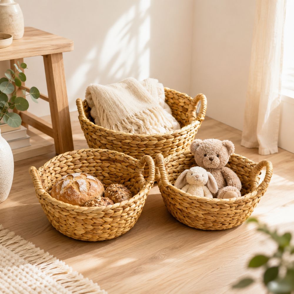 Round wicker storage basket with handles