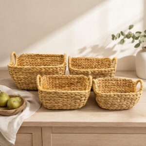 Set of 4 Rectangular Water Hyacinth Basket Round Handle-05 Rectangular Water Hyacinth Basket Round Handle
