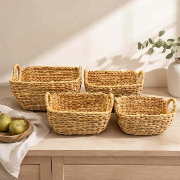 Set of 4 Rectangular Water Hyacinth Basket Round Handle-05 Rectangular Water Hyacinth Basket Round Handle