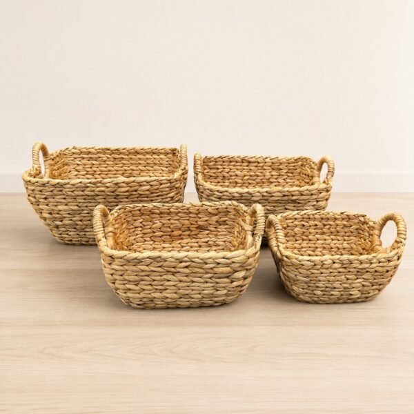 Set of 4 Rectangular Water Hyacinth Basket Round Handle-07 Rectangular Water Hyacinth Basket Round Handle