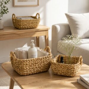 Set of 4 Rectangular Water Hyacinth Basket Round Handle-10 Rectangular Water Hyacinth Basket Round Handle