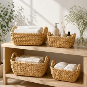 Set of 4 Rectangular Water Hyacinth Basket Round Handle-11 Rectangular Water Hyacinth Basket Round Handle