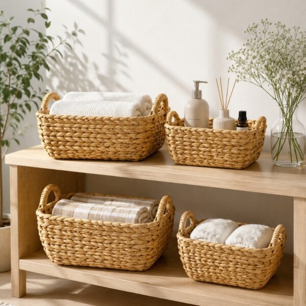 Set of 4 Rectangular Water Hyacinth Basket Round Handle-11 Rectangular Water Hyacinth Basket Round Handle