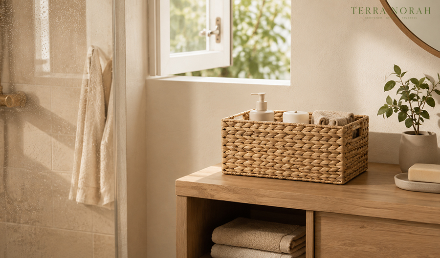 Basket on a vanity away from the shower, window open