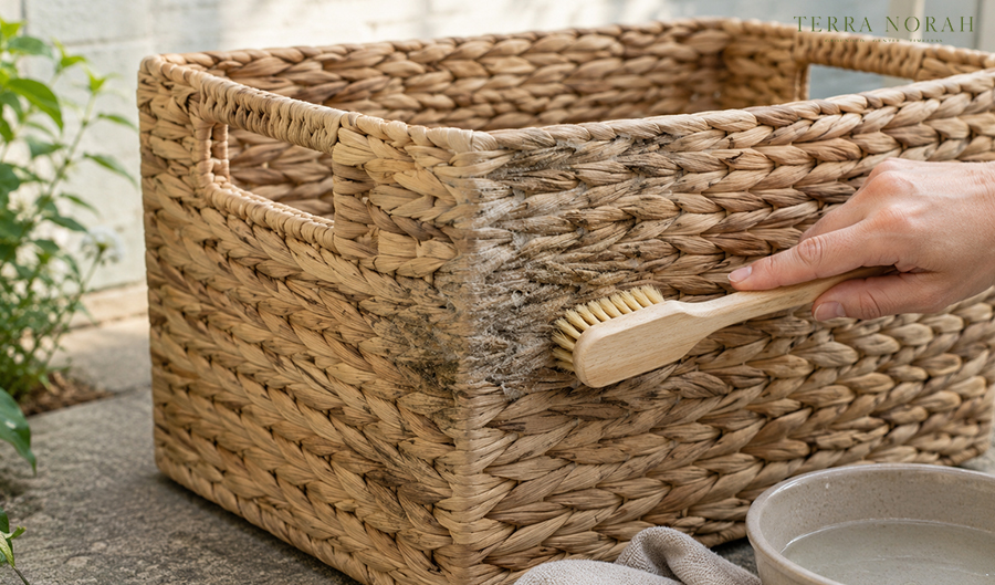 brushing a woven basket outdoors to remove mould