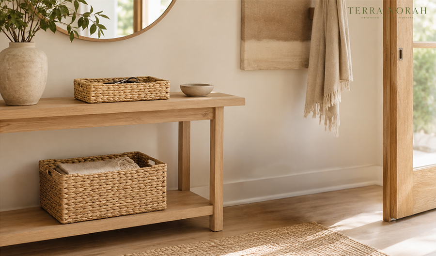 entryway drop zone organized with woven baskets