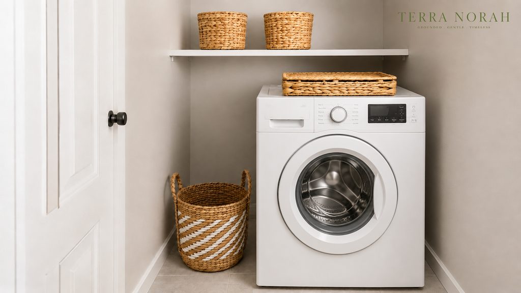 Floor for the wash, dryer top for the small things, shelf above for what gets refilled.