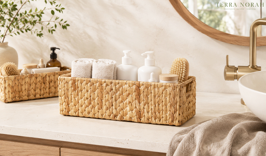 narrow water hyacinth basket on bathroom