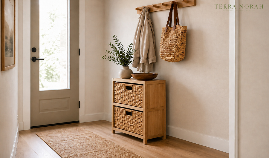 small entryway with woven storage baskets and hooks