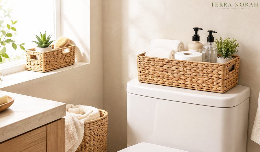 trapezoid water hyacinth basket with no handles on bathroom