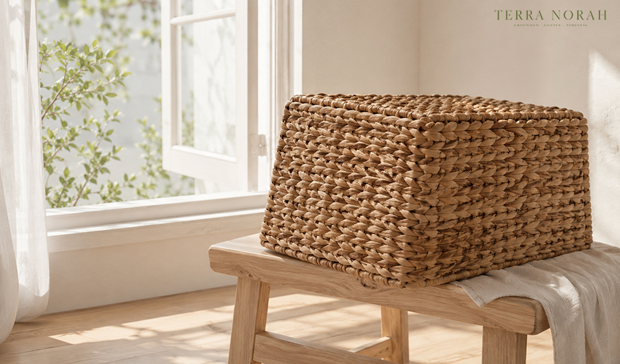 water hyacinth basket air drying near a window