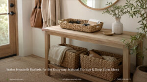 water hyacinth baskets styled in a natural entryway