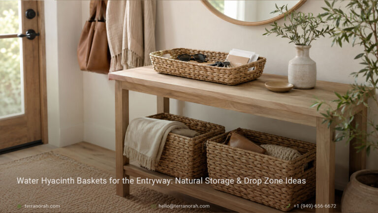 water hyacinth baskets styled in a natural entryway