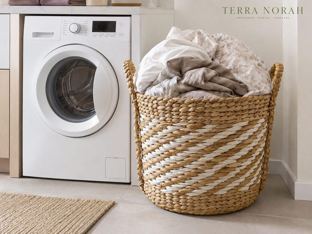 The handles are woven into the body of the basket, so the weight travels through the wall instead of pulling at two fixed points.